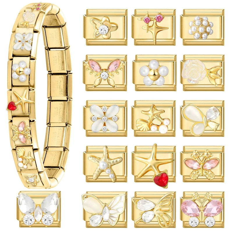 Y2K Golden Flower & Bow Charm — Romantic Pendant for 9MM Italian Link Bracelets  DIY Jewelry for Women