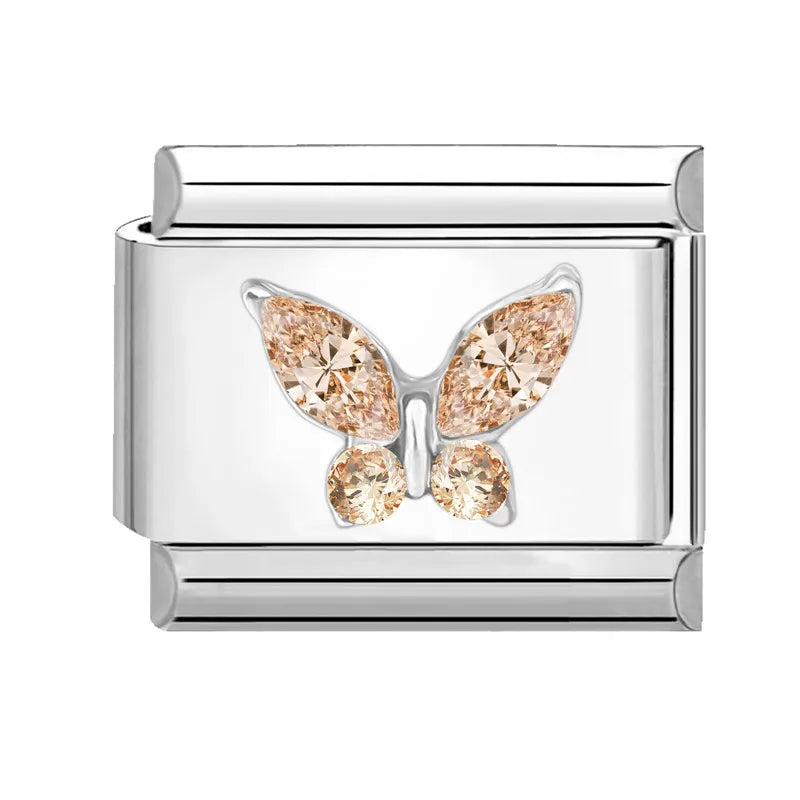 Shiny Zircon Butterfly & Heart Charm — Romantic 9MM Italian Link for Women’s DIY Stainless Steel Bracelets