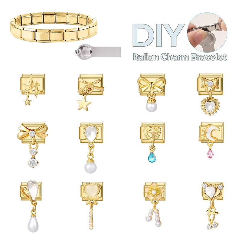 Y2K Golden Flower & Bow Charm — Romantic Pendant for 9MM Italian Link Bracelets  DIY Jewelry for Women