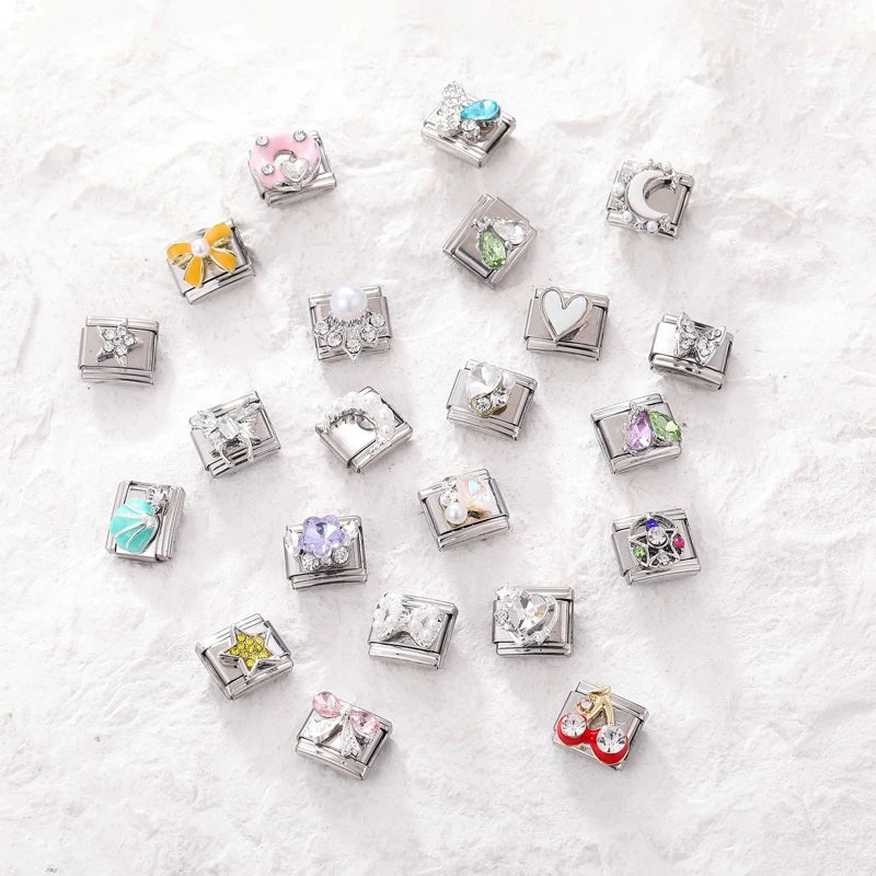 Shiny Zircon Butterfly & Heart Charm — Romantic 9MM Italian Link for Women’s DIY Stainless Steel Bracelets